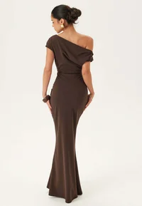 Bubbleroom brown asymmetric maxi dress, back view on model