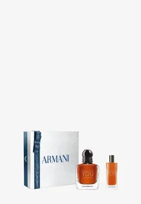 Armani Stronger With You Intensely gift set with fragrance bottle, travel spray and presentation box