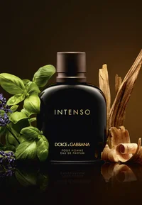 Dolce & Gabbana Intenso fragrance bottle with green leaves and wood