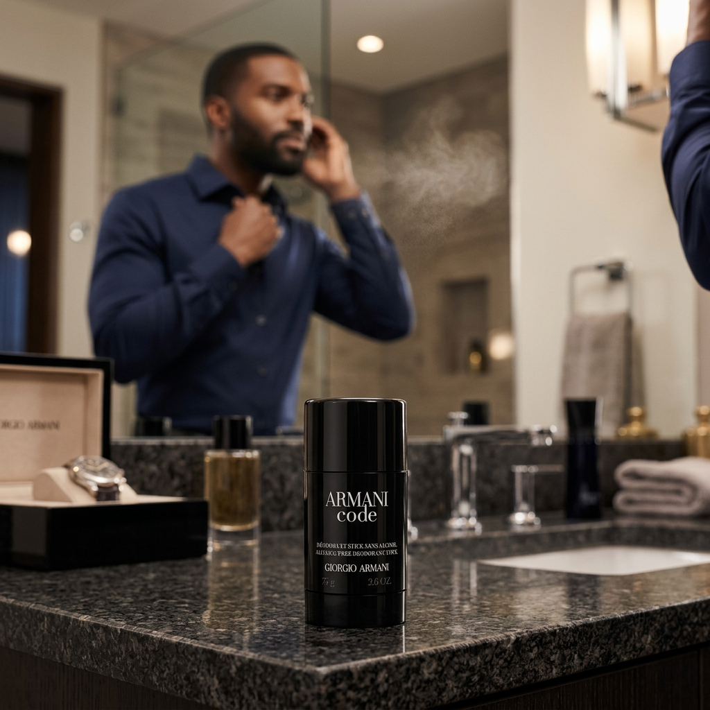 Armani Code deodorant on a vanity with a man preparing for an evening out