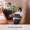 HP Victus gaming laptop in a home setting, with 144Hz FHD anti-glare display promotional text