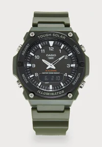 Casio green watch with black dial, front view