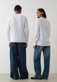 White Calvin Klein Jeans Henley long-sleeve T-shirt worn by two models, back view