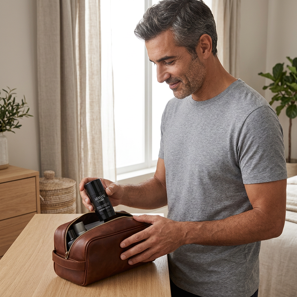 Man packing Armani Code deodorant in a wash bag