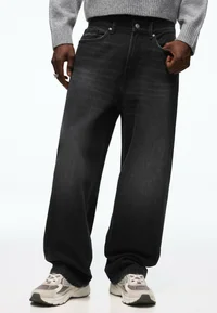Bershka black baggy straight-leg jeans on model
