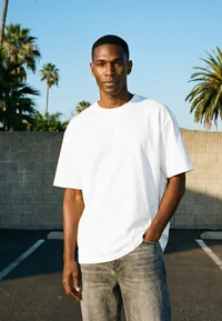 Urban Classics white crew neck T-shirt, front view on model