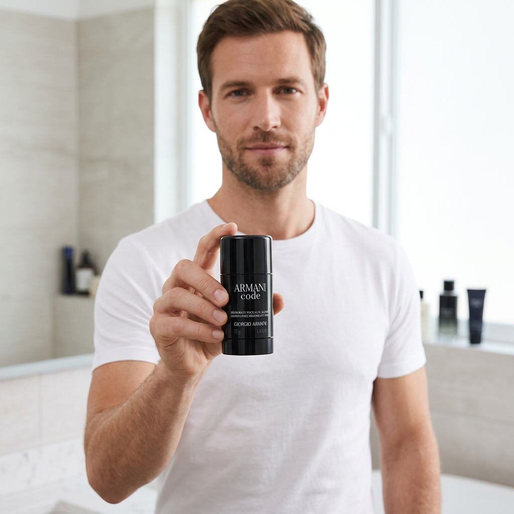 Man holding Armani Code deodorant during a morning routine