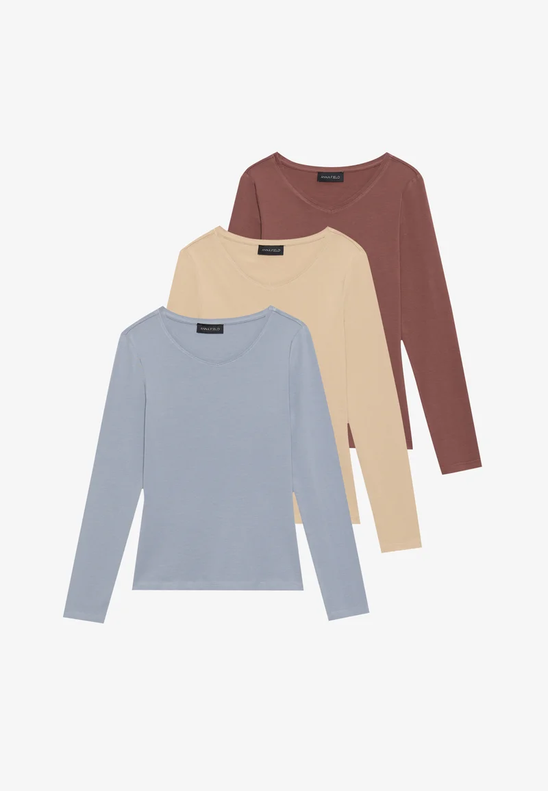 Anna Field Marron and Tradewinds colour pack showing brown, pale yellow and blue-grey tops